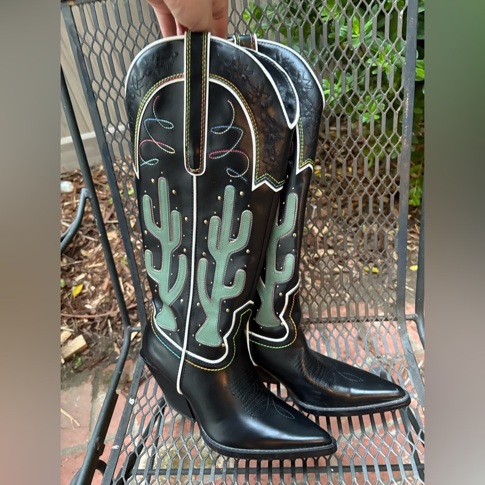 ZARA CONTRASTING KNEE HIGH CACTUS COWBOY BOOTS - Picture 11 of 13